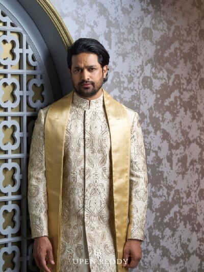 Ivory Chanderi Silk Paisley Sherwani Set